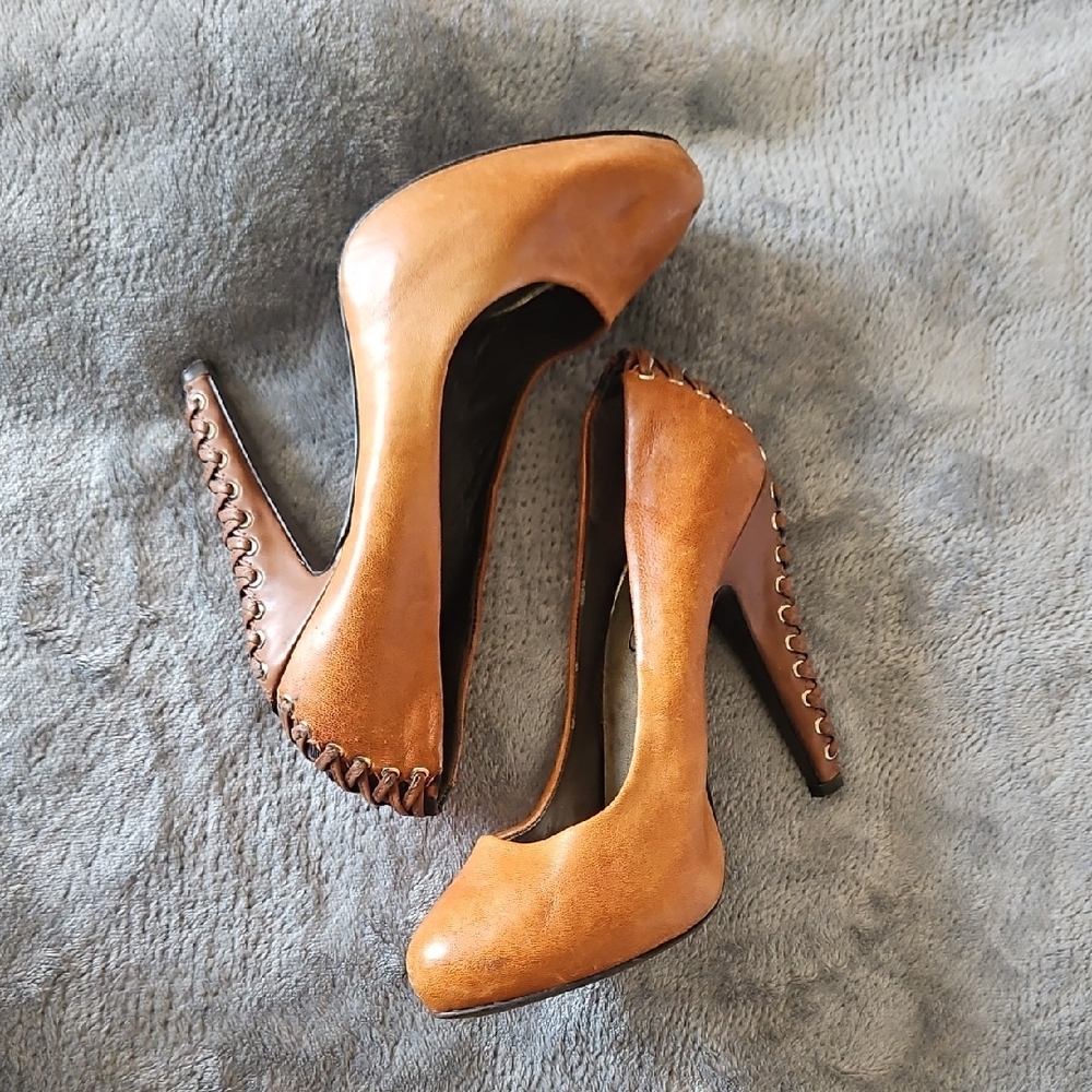 Jessica Simpson Brown Leather-Look High Heel Pumps with Lace Trim